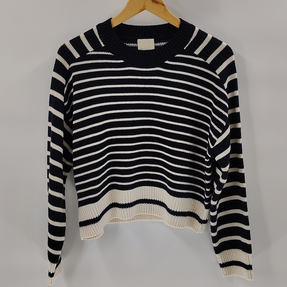 Industry Cropped Knit Crew Neck Sweater Size Medium Stripe Black Cream